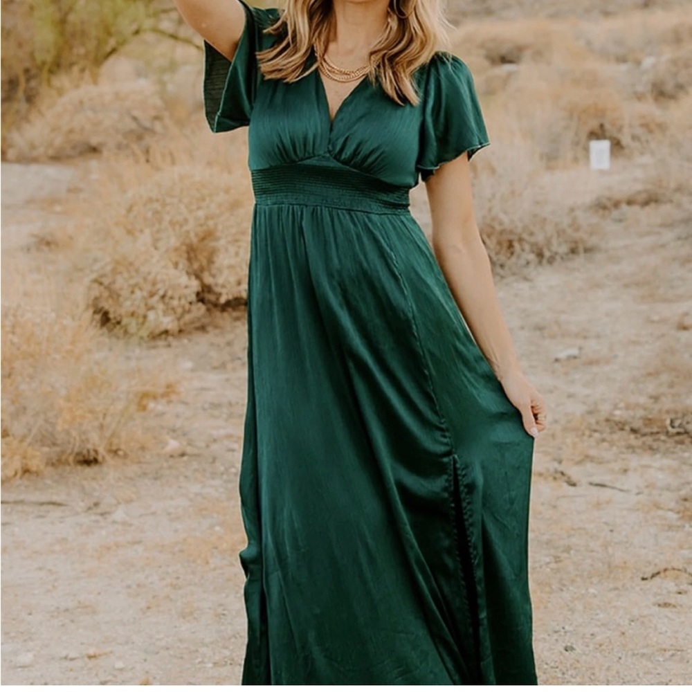 Baltic Born emerald green satin maxi dress maternity photo shoot ready Christmas